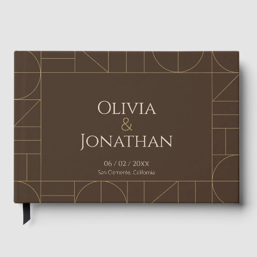Modern Gold Ornaments Dark Brown Wedding Gästebuch (Vorderseite)