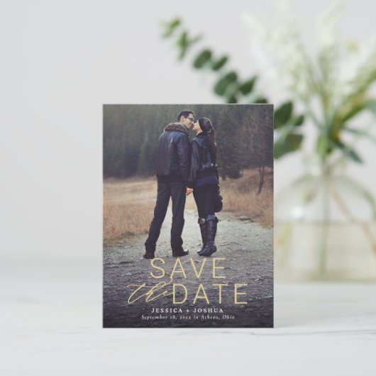 Modern Gold Overlay Full Foto Save the Date Postkarte (Stehend Vorderseite)