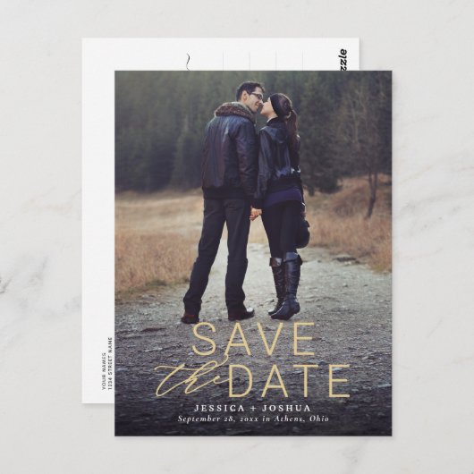 Modern Gold Overlay Full Foto Save the Date Postkarte (Vorne/Hinten)