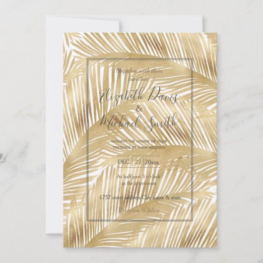 Modern Gold Palm Leaf Tropical Pattern Einladung (Vorderseite)