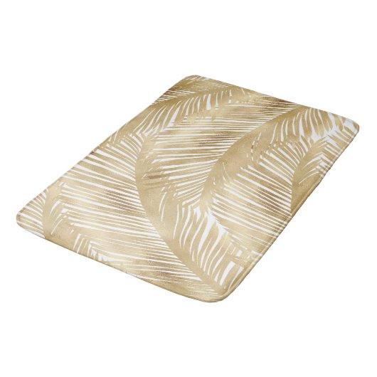 Modern Gold Palm Leaf tropisches Muster Badematte (Schrägansicht)