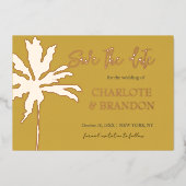 Modern Gold Palm Tree Beach Hochzeit Save the Date Folieneinladung (Vorderseite)