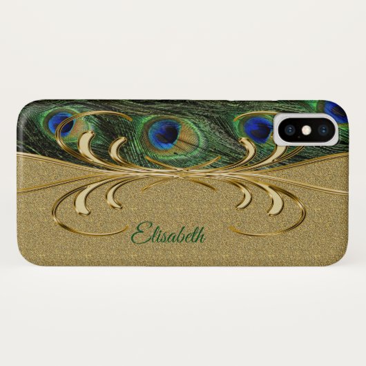 Modern Gold Peacock Feather Monogram Case-Mate iPhone Hülle (Rückseite (Horizontal))