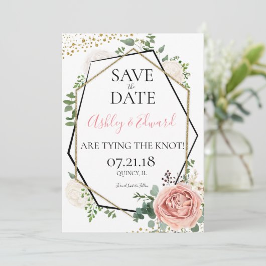Modern Gold Pink Geometric Save the Date (Stehend Vorderseite)