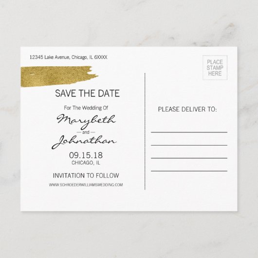 Modern Gold Pinselstrich Save the Date Postkarte (Rückseite)