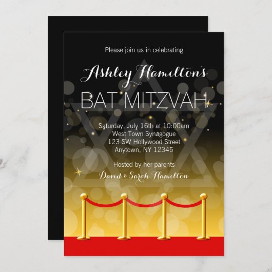 Modern Gold Red Carpet Hollywood Bat Mitzvah Einladung (Vorne/Hinten)