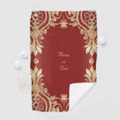Modern Gold Red Floral Golf Towel Golfhandtuch (Insitu)