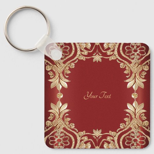 Modern Gold Red Floral Keychain Schlüsselanhänger (Vorderseite)