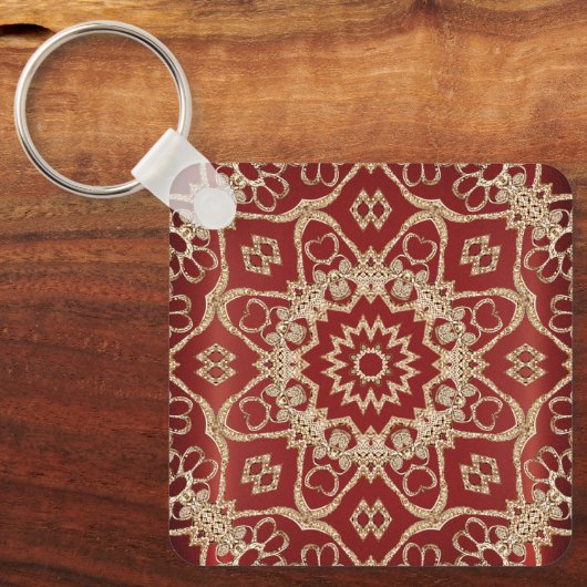 Modern Gold Red Floral Keychain Schlüsselanhänger (Vorderseite)