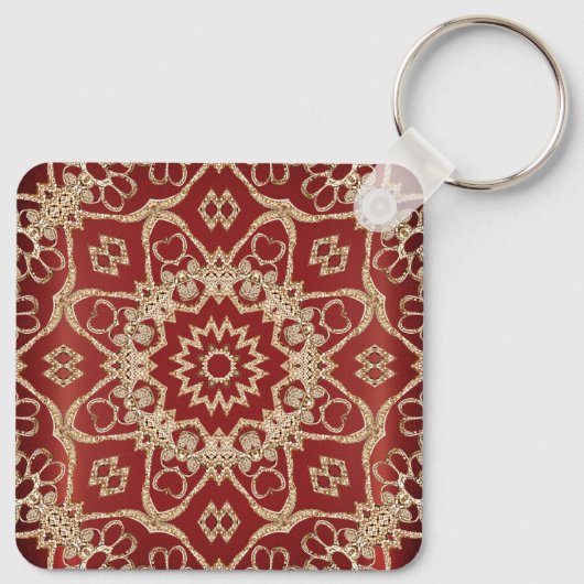 Modern Gold Red Floral Keychain Schlüsselanhänger (Rückseite)