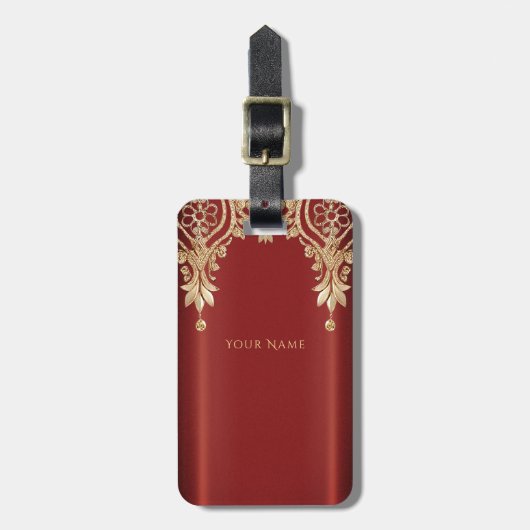 Modern Gold Red Floral Luggage Tag Gepäckanhänger (Vorderseite vertikal)