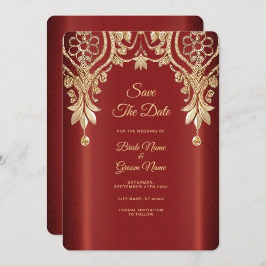 Modern Gold Red Floral Save the Date (Vorne/Hinten)