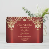 Modern Gold Red Floral Save the Date (Stehend Vorderseite)