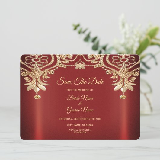 Modern Gold Red Floral Save the Date (Stehend Vorderseite)