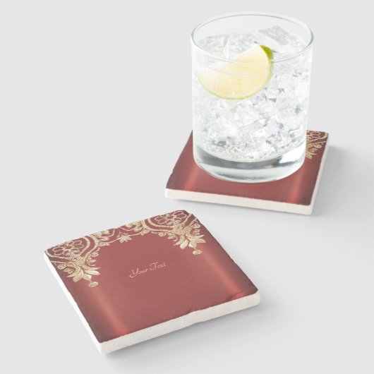 Modern Gold Red Floral Stone Coaster Steinuntersetzer (Seitenansicht)