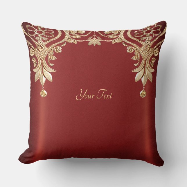 Modern Gold Red Floral Throw Pillow Kissen (Vorderseite)