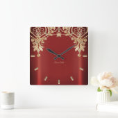 Modern Gold Red Floral Wall Clock Quadratische Wanduhr (Zuhause)