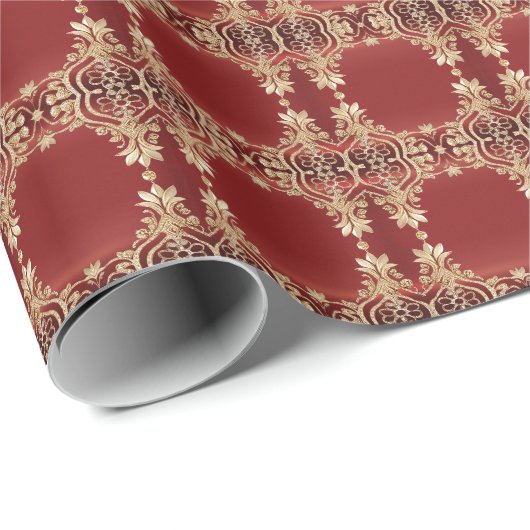 Modern Gold Red Floral Wrapping Paper Geschenkpapier (Rolleneckpunkt)