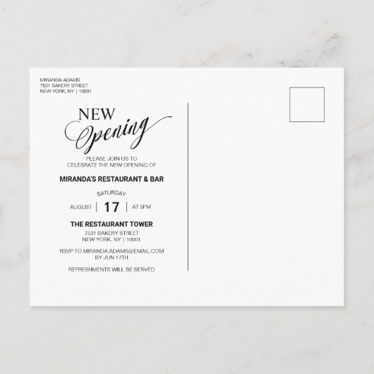 Modern Gold Ribbon Black New Opening Einladungspostkarte (Rückseite)