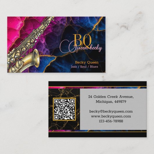 Modern Gold Saxophone Jazz & QR Code, Monogramm Visitenkarte (Vorne/Hinten)