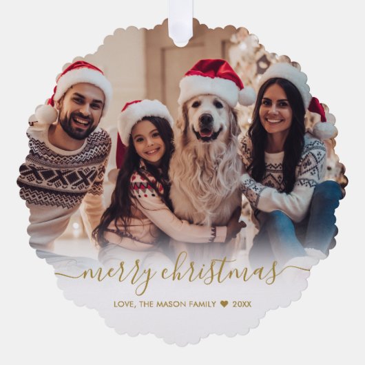 Modern Gold Script 2 Family Foto Weihnachten Ornament Karte (Vorderseite)