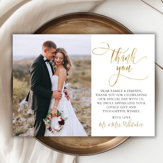 Modern Gold Script 2 Foto Wedding Dankeschön Card Dankeskarte