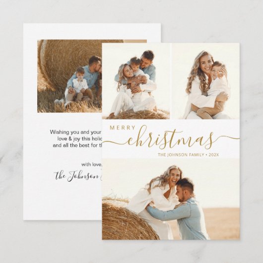 Modern Gold Script 3 Foto Collage Weihnachtskarte Einladung (Vorne/Hinten)