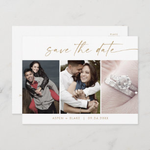 Modern Gold Script 3 Fotovorlage Save the Date Einladungspostkarte