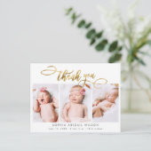 Modern Gold Script Baby Foto Collage Vielen Dank Postkarte (Stehend Vorderseite)