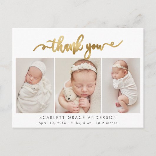 Modern Gold Script Baby Foto Collage Vielen Dank Postkarte (Vorderseite)