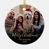 Modern Gold Script Black 2 Foto Frohe Weihnachten Keramik Ornament (Vorne)