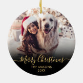 Modern Gold Script Black 2 Foto Frohe Weihnachten Keramik Ornament (Hinten)