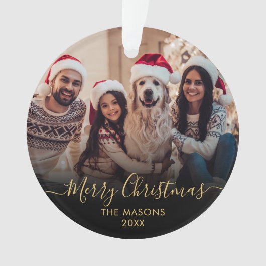 Modern Gold Script Black 2 Foto Frohe Weihnachten Ornament (Vorderseite)