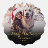 Modern Gold Script Black 2 Foto Weihnachten Ornament Karte (Rückseite)