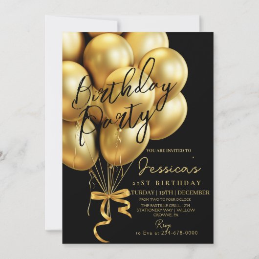 Modern Gold Script Black Birthday Party Einladung (Vorderseite)