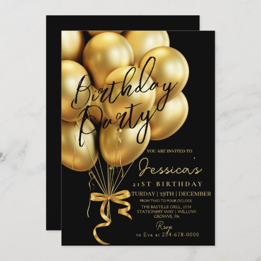 Modern Gold Script Black Birthday Party Einladung (Vorne/Hinten)