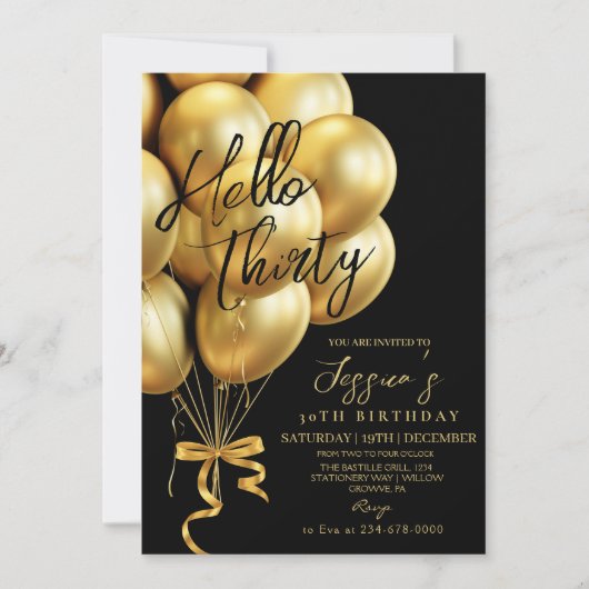 Modern  Gold Script Black Hello Thirty Birthday Einladung (Vorderseite)