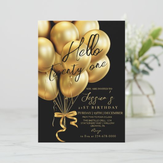 Modern Gold Script Black Hello Twenty One Birthday Einladung (Stehend Vorderseite)