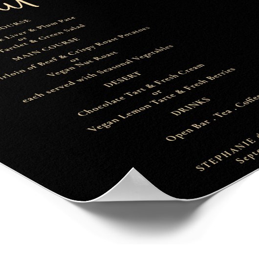 Modern Gold Script Black Wedding Menu Poster (Ecke)