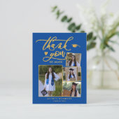 Modern Gold Script Blue Foto Abschluss Vielen Dank Postkarte (Stehend Vorderseite)