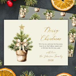 Modern Gold Script Bow Watercolor Christmas Tree Feiertagskarte