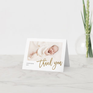 Modern Gold Script Calligraphy Photo Baby  Dankeskarte