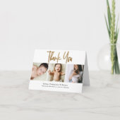 Modern Gold Script Custom 3 Foto Baby Dankeskarte (Vorderseite)