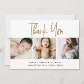 Modern Gold Script Custom 3 Foto Baby Dankeskarte (Vorderseite)
