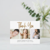 Modern Gold Script Custom 3 Foto Baby Postkarte (Stehend Vorderseite)