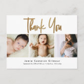 Modern Gold Script Custom 3 Foto Baby Postkarte (Vorderseite)