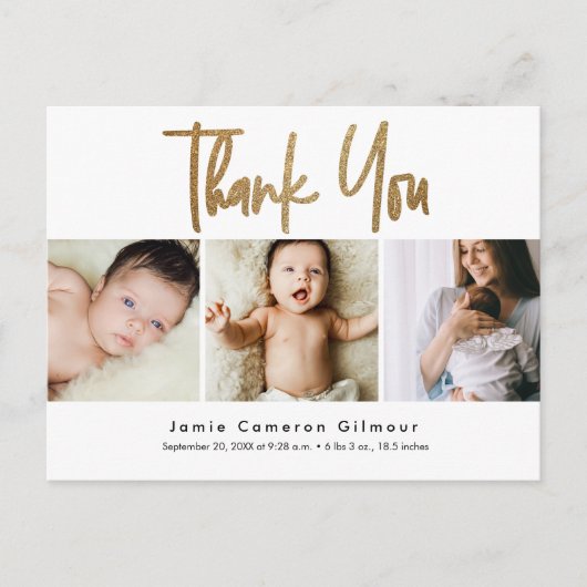 Modern Gold Script Custom 3 Foto Baby Postkarte (Vorderseite)