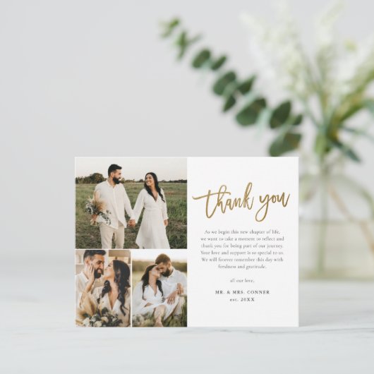 Modern Gold Script Foto Collage Wedding Vielen Dan Postkarte (Stehend Vorderseite)