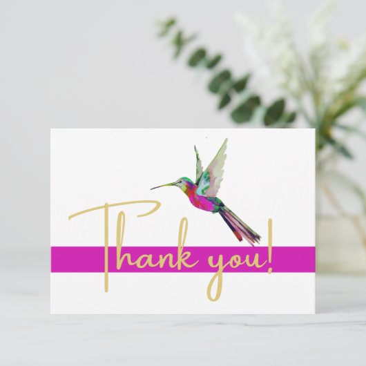 Modern Gold Script Hummingbird Wasserfarbe Rosa Dankeskarte (Stehend Vorderseite)