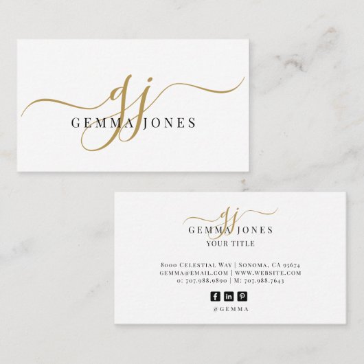 Modern Gold Script Monogram Black Name Visitenkarte (Vorne/Hinten)